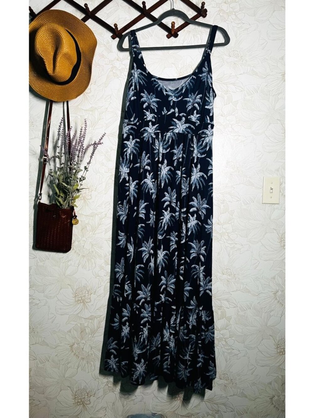 Torrid Maxi Supersoft Tiered Dress Tropical Shadows Blue Adjustable Straps Pocke